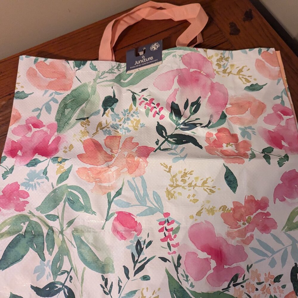 Juncture Large Reusable Tote Bag Pastel Floral Watercolor Woven Polypropelene